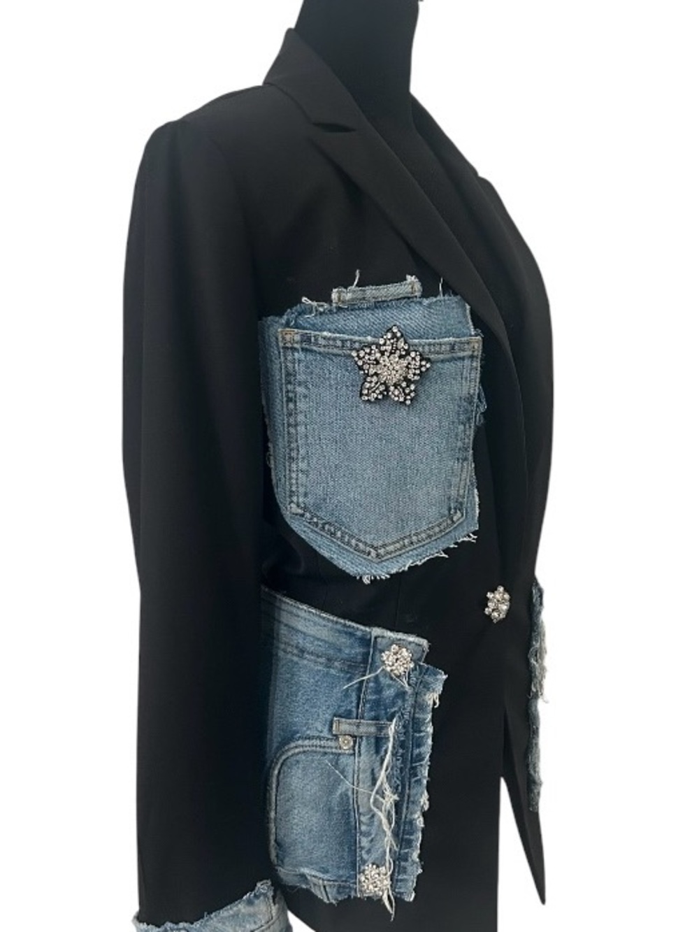 Black Blazer with Denim Patchwork and Crystal Brooches - Picture 3 of 6